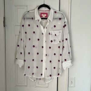 Maeve Anthropologie Sheer Strawberry Embroidered Cotton Button Down Size M